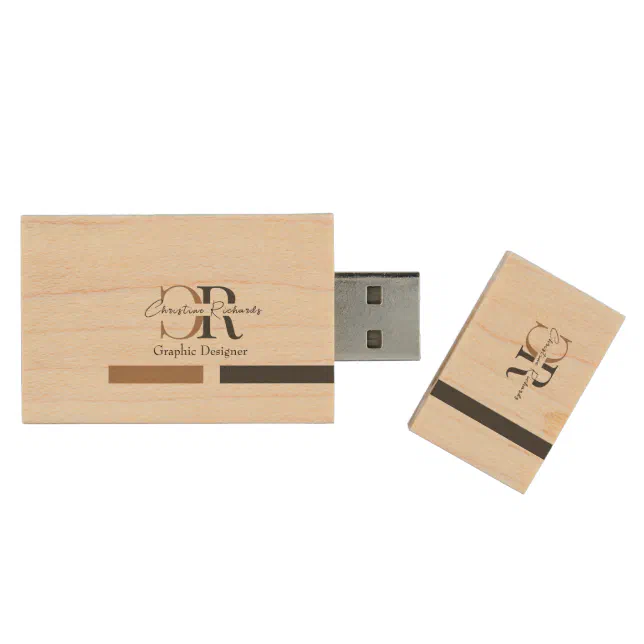 Simple Modern Black Gold Monogram Wood Flash Drive