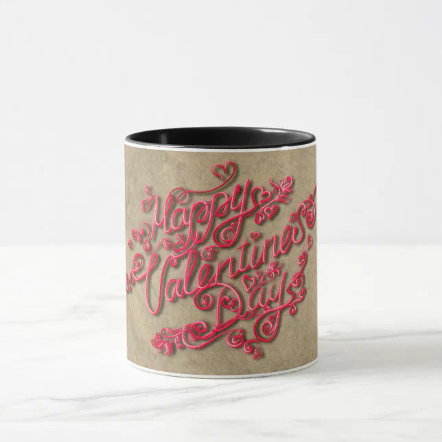 Happy Valentine’s Day sepia heart red lettering Mug