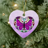 Pretty Purple Butterfly and Heart Mandala Ceramic Ornament