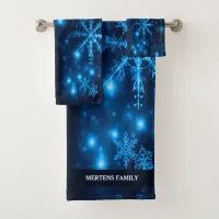 Deep Blue Bright Snowflakes Holidays Name Bath Towel Set