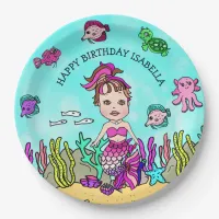 Pesonalized Hand darwn Brunette Mermaid Birthday Paper Plates