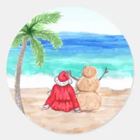 Santa and Reindeer on Beach Classic Round Sticker