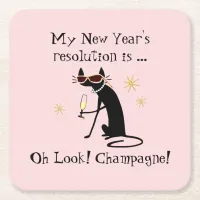 Oh Look! Champagne! New Year's Cat Square Paper Coaster