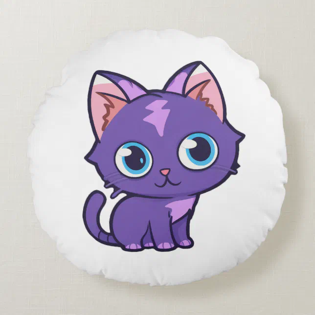 Purple Anime Cat Vector Art Round Pillow