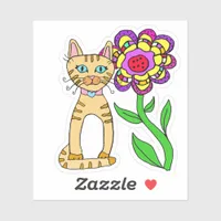 Whimsical Folk Art Cat and Colorful Flower Sticker