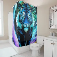 Electric Blue Neon Snow Tiger Portrait  Shower Curtain