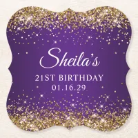 Gold Glitter Royal Purple 21st Birthday Paper Coaster