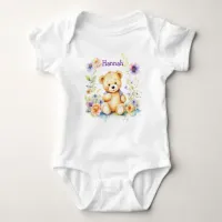 Personalized Baby Girl Teddy Bear and Flowers Baby Bodysuit