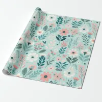 Pretty Blue and Pink Pastel Folk Art Flowers Wrapping Paper