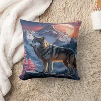 Majestic Wolf Against Moonlit Peaks. Throw Pillow