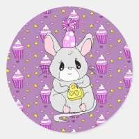 Cute Little Birthday mouse Purple Classic Round Sticker