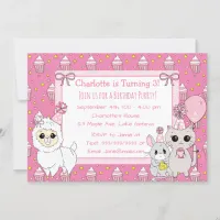 Cute Llama, Kitten and Mouse Pink Girl's Birthday Invitation