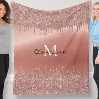 Monogram Rose Gold Dripping Glitter Metallic Name Fleece Blanket