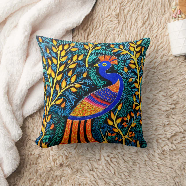 Indian Gond Art Peacock Black | Art of India Throw Pillow