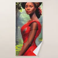 Safari Queen: Majestic African Woman Red Feathers Bath Towel