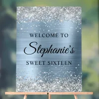 Silver Glitter Light Blue Foil Sweet Sixteen Acrylic Sign