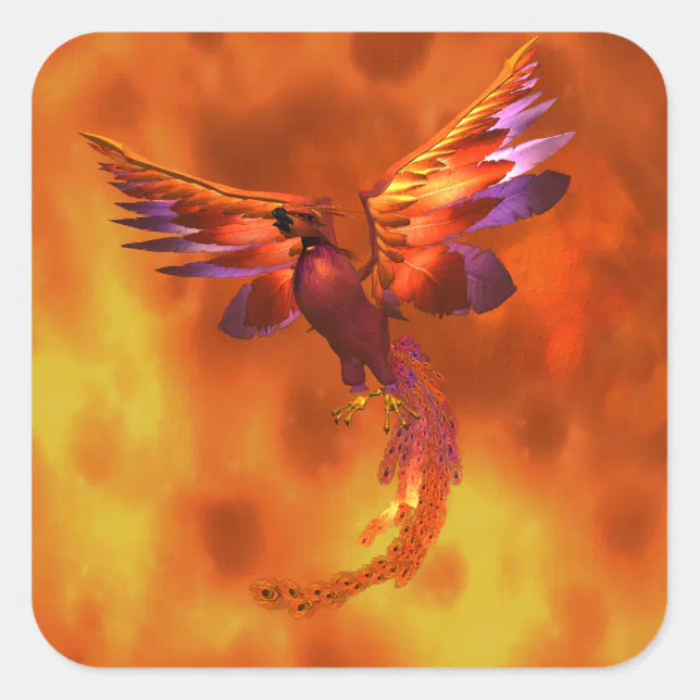 Colorful Phoenix Flying Against a Fiery Background Square Sticker