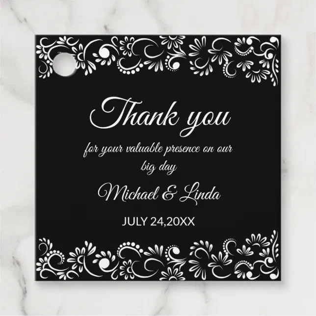 Elegant simple black and white floral wedding favor tags