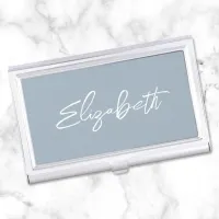 Dusty Blue Modern Brush Script First Name Business Card Case