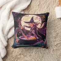 A witch brews potions under the full moon throw pillow