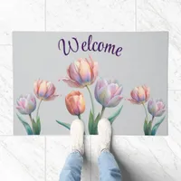 Romantic and Poetic Pastel Tulips Watercolor Doormat