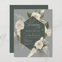 BUDGET White Rose, Gold Emerald Wedding Invitation