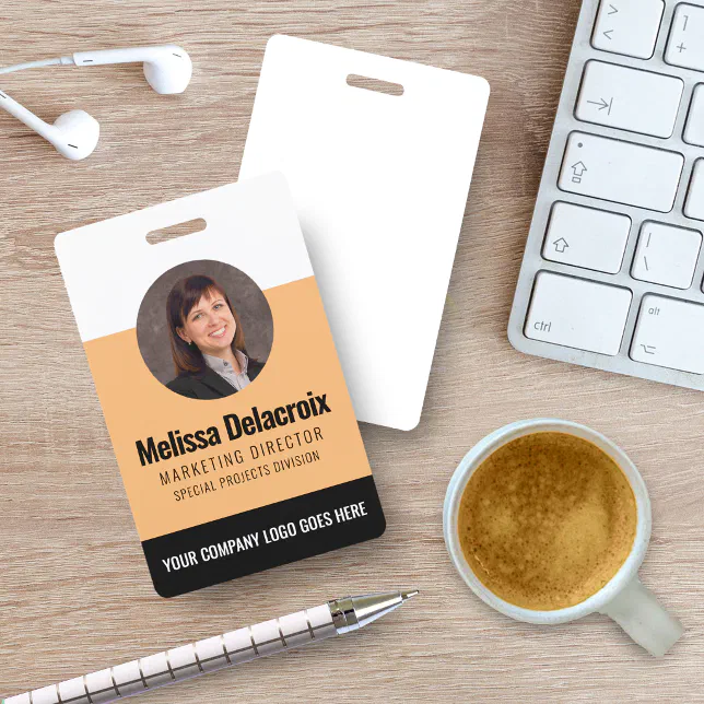 Modern White Peach Black Employee Photo ID Badge