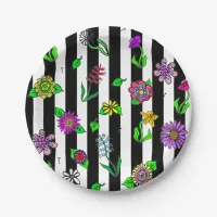 Black and White Striped Floral Paper Plates