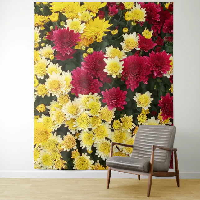 Stunning Red Gold Autumn Chrysanthemum Flowers Tapestry