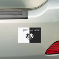 Black & White Filigree Heart Just Married Car Magnet