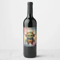 Cute happy colorful funny little goblin creature wine label