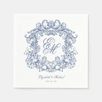 Elegant Blue Vintage Monogram Crest Wedding Napkins