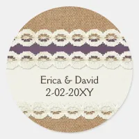 FAUX burlap and lace purple country wedding Classic Round Sticker