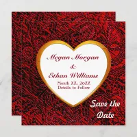 Gold Heart Frame & Red Fabric Square Save The Date