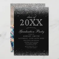 Silver Glitter Black Photo Graduation Invitation