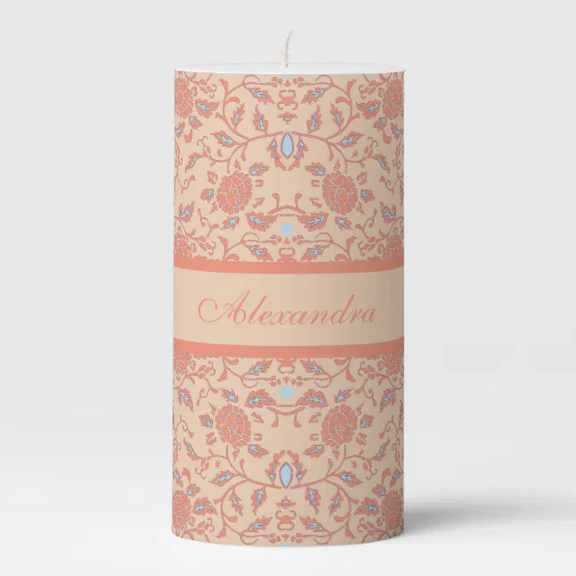 Elegant Flowery Peach and Coral Damask Pillar Candle