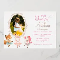 Onederful Cute Ballerina Animal 1st Birthday Party Foil Invitation