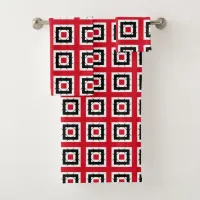 Red & Black Modern Trendy Geometric Pattern Bath Towel Set