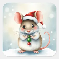 Sweet Watercolor  Mouse Whimsical Christmas Square Sticker