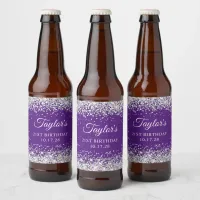 Silver Glitter Royal Purple 21st Birthday Beer Bottle Label