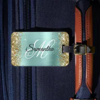 Gold Glitter Pale Turquoise Foil Fancy Monogram Luggage Tag