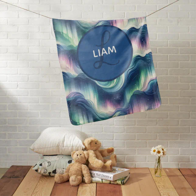 Cute Baby Boy Monogram Northern Lights Blue Baby Blanket