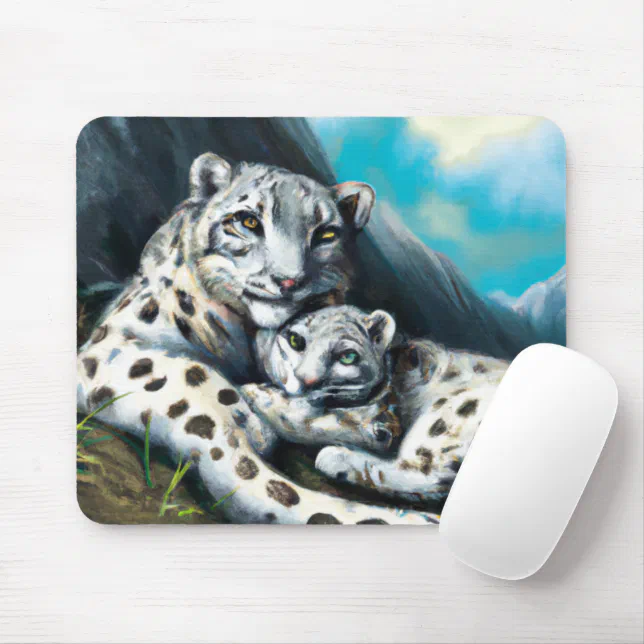 Mother Snow Leopard and Cub in the Mountains Mouse Pad