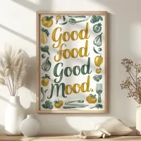 Good Food Good Mood Green and Yellow Kitchen Art  Poster