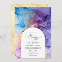 Elegant Pink, Blue and Gold Flowing Ink Wedding Invitation