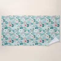 Pretty Blue and Pink Pastel Folk Art Flowers Beach Towel