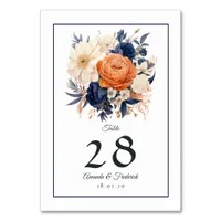 Navy Blue, Burnt Orange & Champagne Floral Wedding Table Number