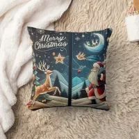 Joyful Santa on snowy Christmas Eve Throw Pillow