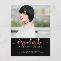 Trendy Rose Gold Foil Graduation Script Photo Announcement Postcard