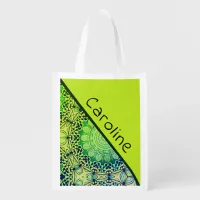 Lime Green and Blue Whimsical Boho Mandala Art Grocery Bag